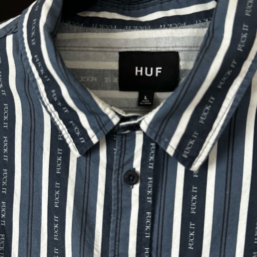 HUF Men's Navy and White Striped Button Down Shirt Funny Message Size- Mens L - Picture 2 of 10